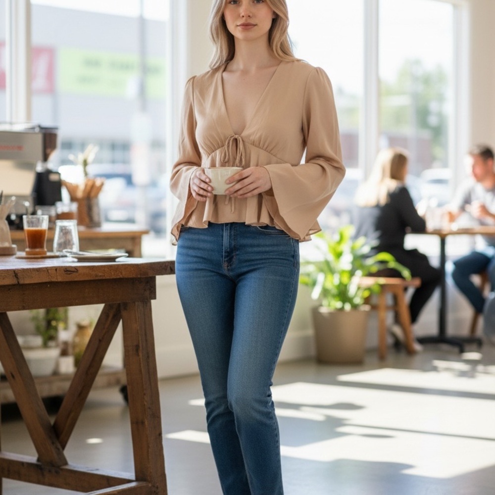 Beige Tie-Front Ruffle Blouse - Picture 4 of 4